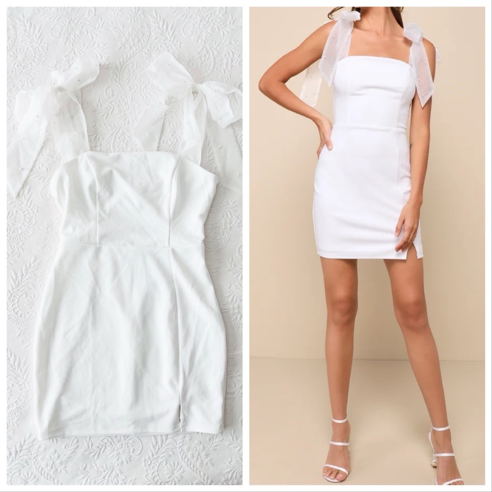 NWT Lulus Beaming Perfection White Pearl Organza Tie-Strap Mini Dress Medium